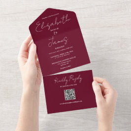 Burgundy Röd Elegant Skript QR-kod Bröllop