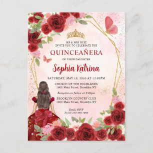 Burgundy röd glamour guld blomstergardin prinsessa inbjudan vykort