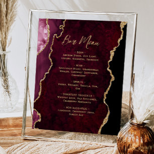 Burgundy Röd Guld Agat Script Bröllops Bar Meny Poster
