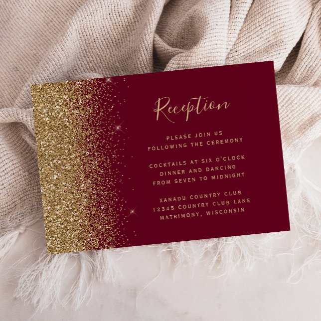 Burgundy Röd Guld Glitter Kant Bröllopsmottagning Tilläggskort (Skapare uppladdad)