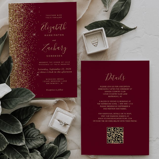 Burgundy Röd Guld Glitter QR-kod Bröllop Inbjudningar (Skapare uppladdad)