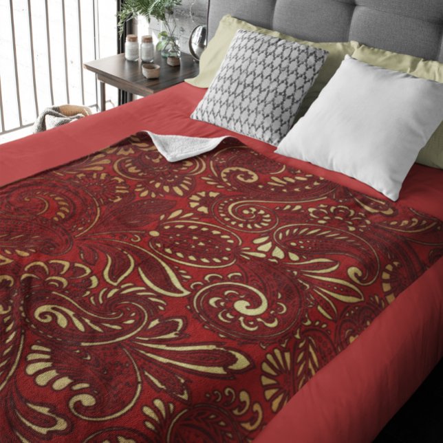 Burgundy Röd Guld Indisk Paisley Mönster Fleecefilt (Skapare uppladdad)