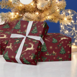 Burgundy Röd Jul, Guld Renar Presentpapper