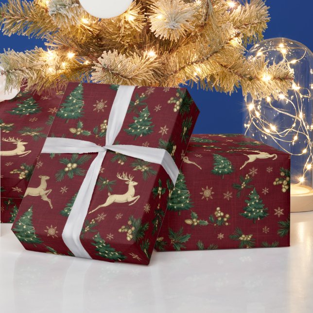Burgundy Röd Jul, Guld Renar  Presentpapper (Helgdagar)