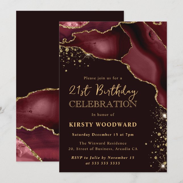 Burgundy Röd och Guld Glitter Agate 21-årsdag Inbjudningar (Fram/baksida)
