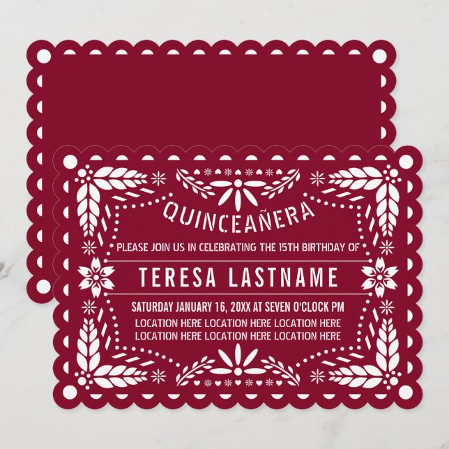 Burgundy röd och vit papel picado Quinceañera Inbjudningar (Fram/baksida)