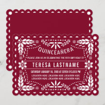 Burgundy röd och vit papel picado Quinceañera