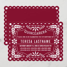 Burgundy röd och vit papel picado Quinceañera Inbjudningar