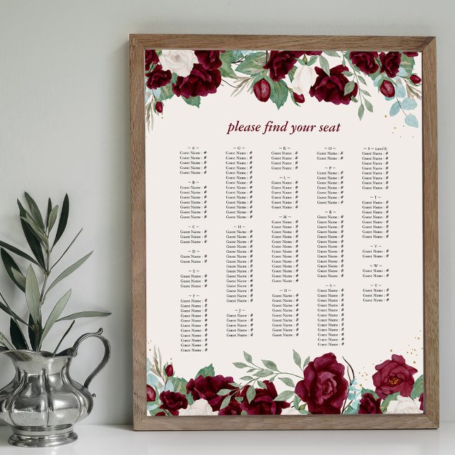 Burgundy Röd ros Alfabetiskt sittningsschema Poster (Alphabetical Seating Chart with burgundy red rose borders. Available printed or printable download)