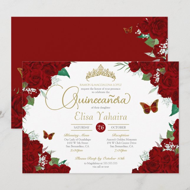 Burgundy Röd ros Blommigt Butterfly Quinceanera Inbjudningar (Fram/baksida)