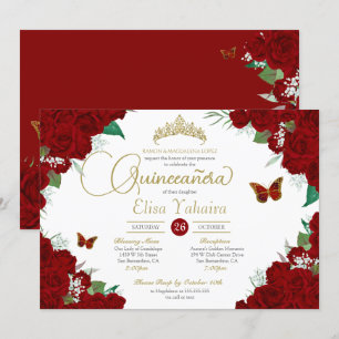 Burgundy Röd ros Blommigt Butterfly Quinceanera Inbjudningar