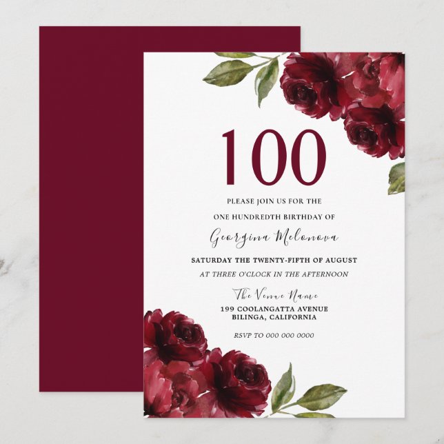 Burgundy Röd ros Blommigt Kvinnor 100-årsdagen Inbjudningar (Fram/baksida)