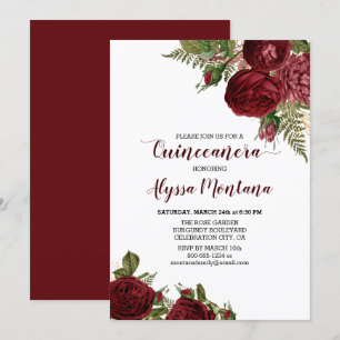 Burgundy Röd ros Blommigt Quinceanera-inbjudan Inbjudningar
