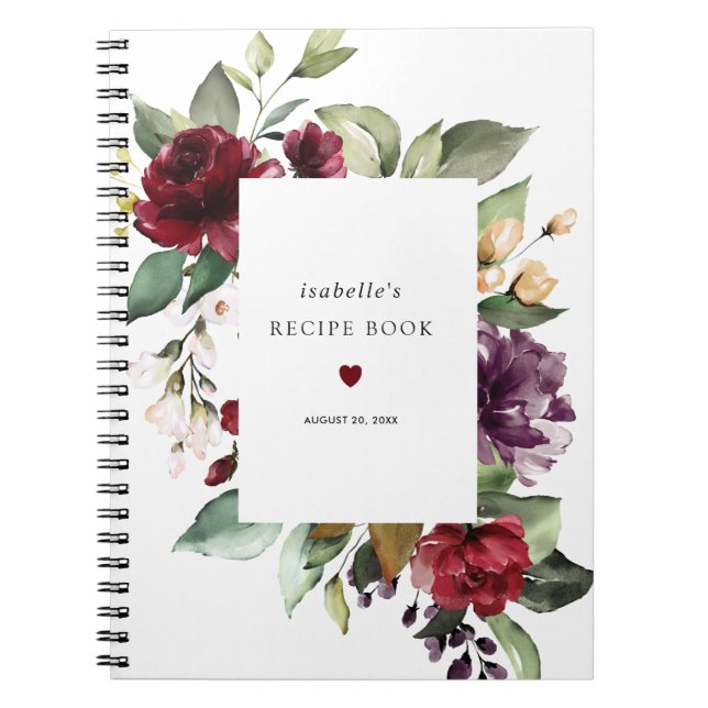 Burgundy Röd ros Blommigt Recipe Bok Anteckningsbok (Framsidan)