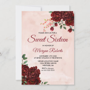 Burgundy Röd ros Blommigt Sweet 16 Inbjudan