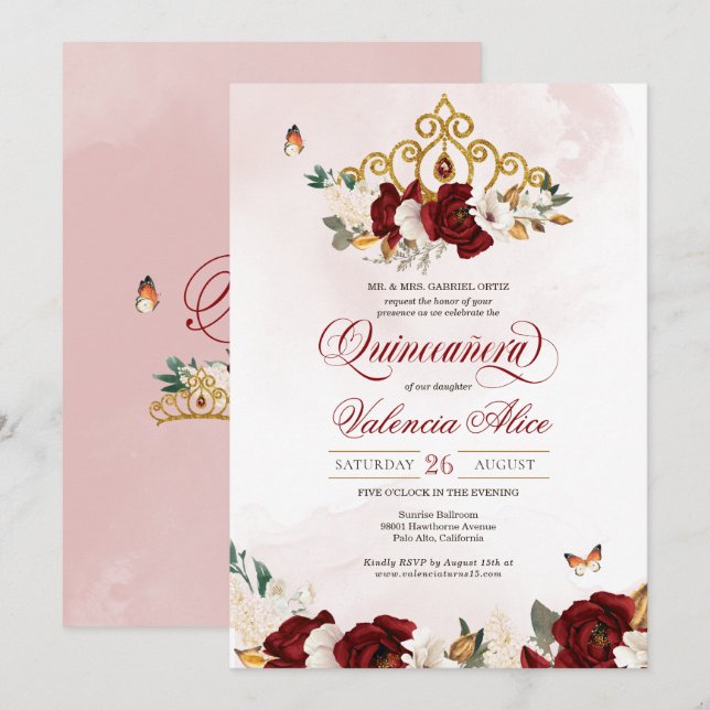 Burgundy Röd ros Butterfly Quinceanera Guld Tiara Inbjudningar (Fram/baksida)