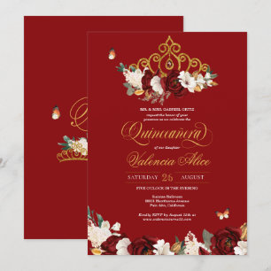 Burgundy Röd ros Butterfly Quinceanera Guld Tiara Inbjudningar