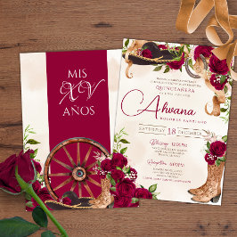 Burgundy Röd ros Charro Western Quinceanera Inbjudningar