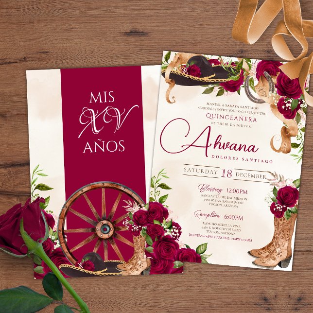 Burgundy Röd ros Charro Western Quinceanera Inbjudningar (Skapare uppladdad)