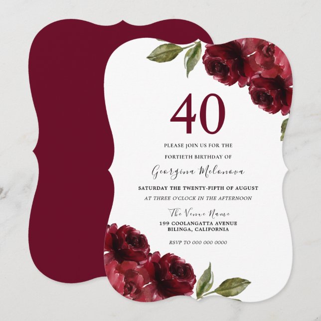 Burgundy Röd ros Elegant 40:e födelsedagen Party Inbjudningar (Fram/baksida)