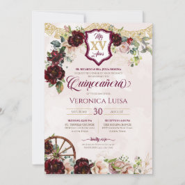 Burgundy Röd ros Elegant Charro Quinceanera Inbjudningar