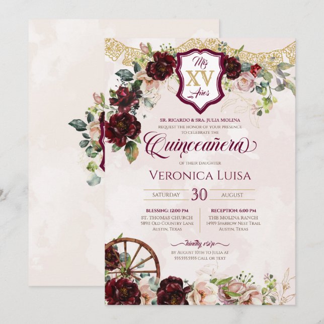 Burgundy Röd ros Elegant Charro Quinceanera Inbjudningar (Fram/baksida)