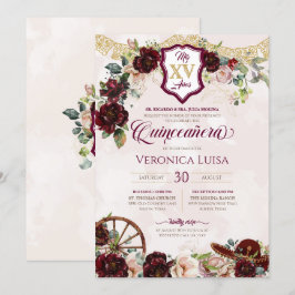 Burgundy Röd ros Elegant Charro Quinceanera Inbjudningar