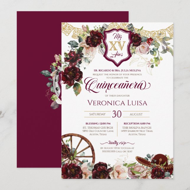Burgundy Röd ros Elegant Charro Quinceanera Invi Inbjudningar (Fram/baksida)