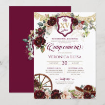 Burgundy Röd ros Elegant Charro Quinceanera Invi