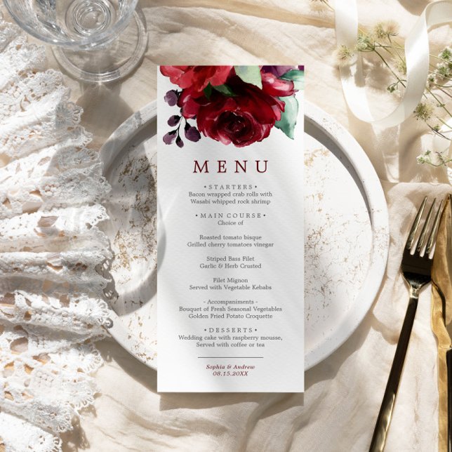 Burgundy Röd ros Flowers Bröllop Menu Meny (Skapare uppladdad)