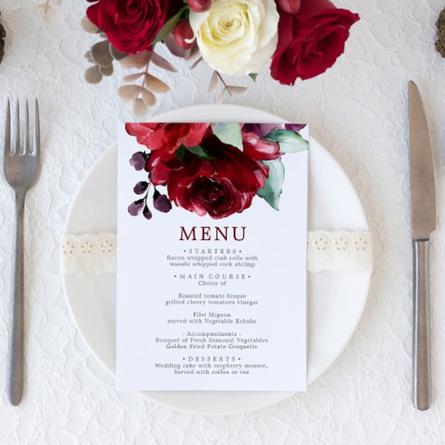 Burgundy Röd ros Flowers Bröllop Menu Meny (Skapare uppladdad)