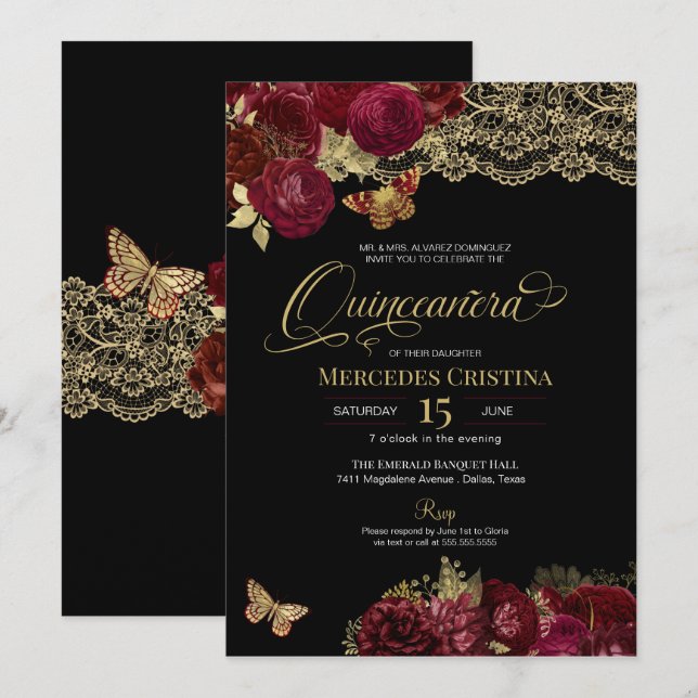 Burgundy Röd ros Guld Snöre Butterfly Quinceañera Inbjudningar (Fram/baksida)