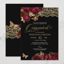 Burgundy Röd ros Guld Snöre Butterfly Quinceañera Inbjudningar