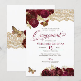Burgundy Röd ros Guld Snöre Butterfly Quinceañera Inbjudningar