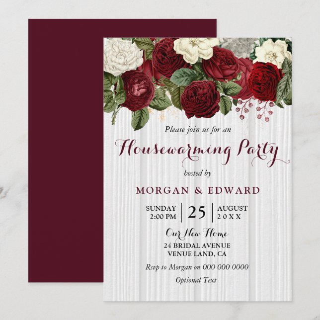 Burgundy Röd ros Houseuppvärmning Party Inbjudan (Fram/baksida)