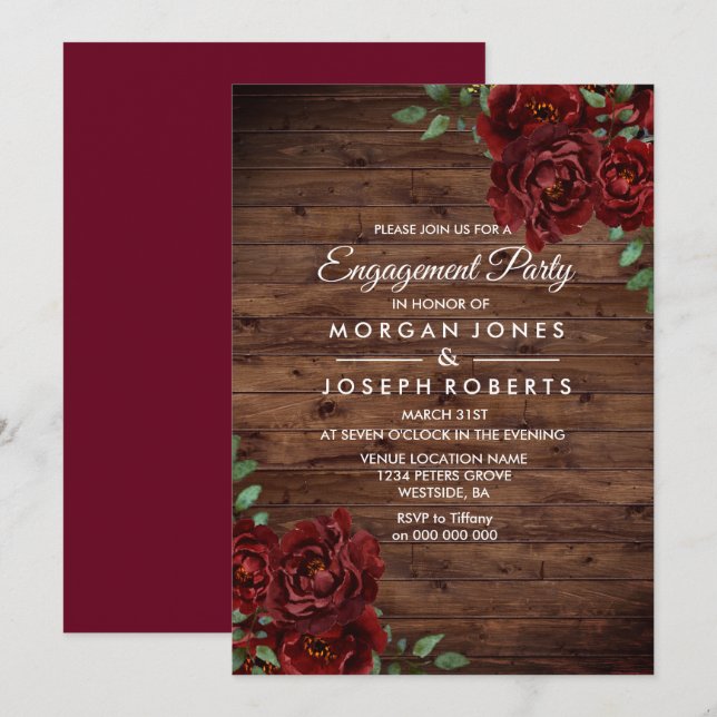 Burgundy Röd ros Rustic Förlovningsfest Inbjudan (Fram/baksida)