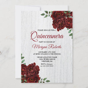 Burgundy Röd ros Rustic White Quinceanera Inbjudan