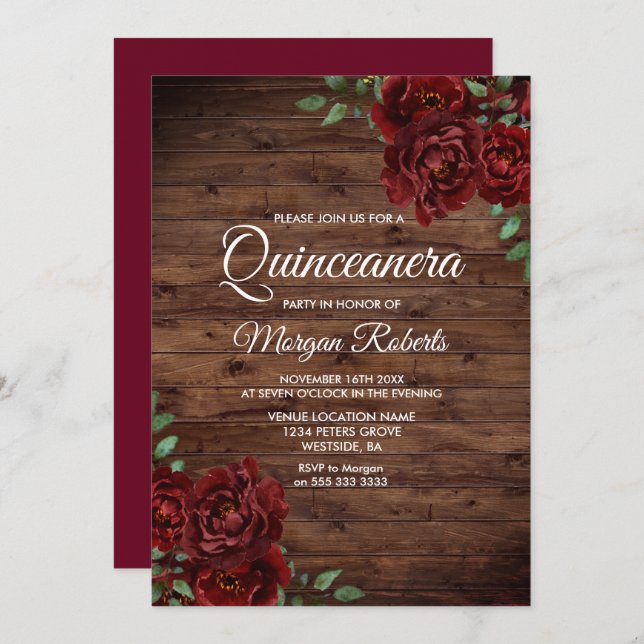 Burgundy Röd ros Rustic Wood Quinceanera Inbjudan (Fram/baksida)