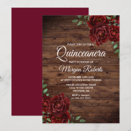 Burgundy Röd ros Rustic Wood Quinceanera Inbjudan