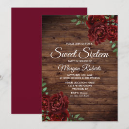 Burgundy Röd ros Rustic Wood Sweet 16 Inbjudan