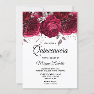 Burgundy Röd ros Silver Blommigt Quinceanera Party Inbjudningar