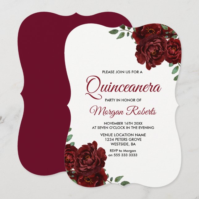 Burgundy Röd ros Vacker Quinceanera Inbjudan (Fram/baksida)