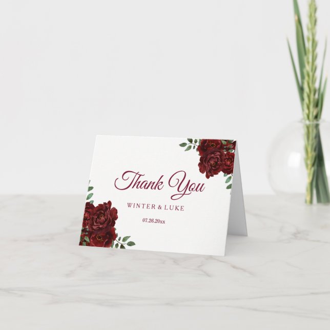 Burgundy röd rosbröllop eller Quinceanera tack (Framsida)