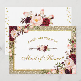 Burgundy rodna blom- guld- glittermaid of honor inbjudningar