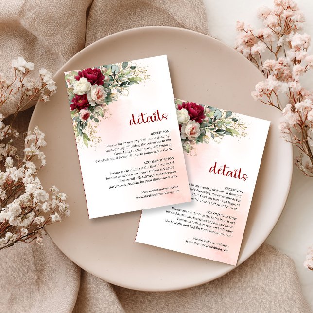 Burgundy rodnad blomstergrönska guld bröllopsinfo tilläggskort (Burgundy blush floral greenery gold wedding info

)