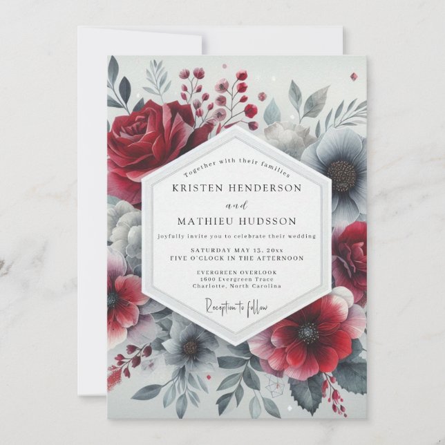 Burgundy Romantic Bloom Wedding Inbjudningar (Framsida)