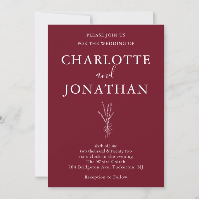 Burgundy Romantic Botanical Wedding bjudande Inbjudningar (Framsida)