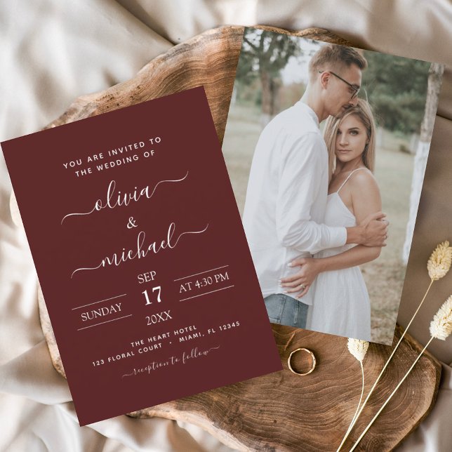 Burgundy Romantic Bröllop med Photo Inbjudningar (Skapare uppladdad)