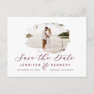 Burgundy Romantic Brushed Photo Save Date Vykort