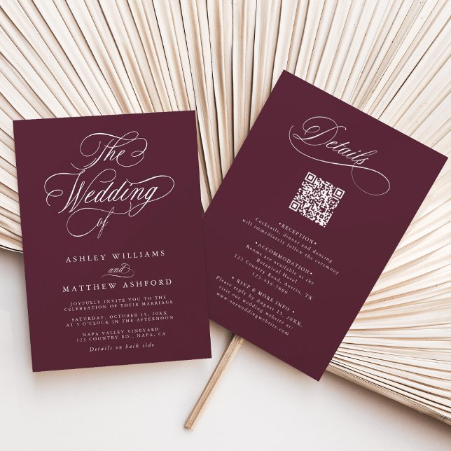 Burgundy Romantic Calligraphy All in One Bröllop Inbjudningar (Front & Back)